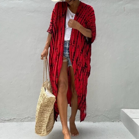 Red Tie Dye Boho Swim Coverup Kimono Robe - Picture 4 of 7